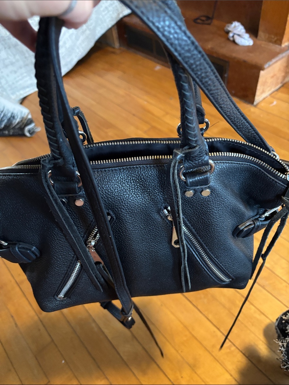 EUC Rebecca Minkoff Black Pebble Leather Fringe Moto Satchel Crossbody Tassels - Picture 14 of 14